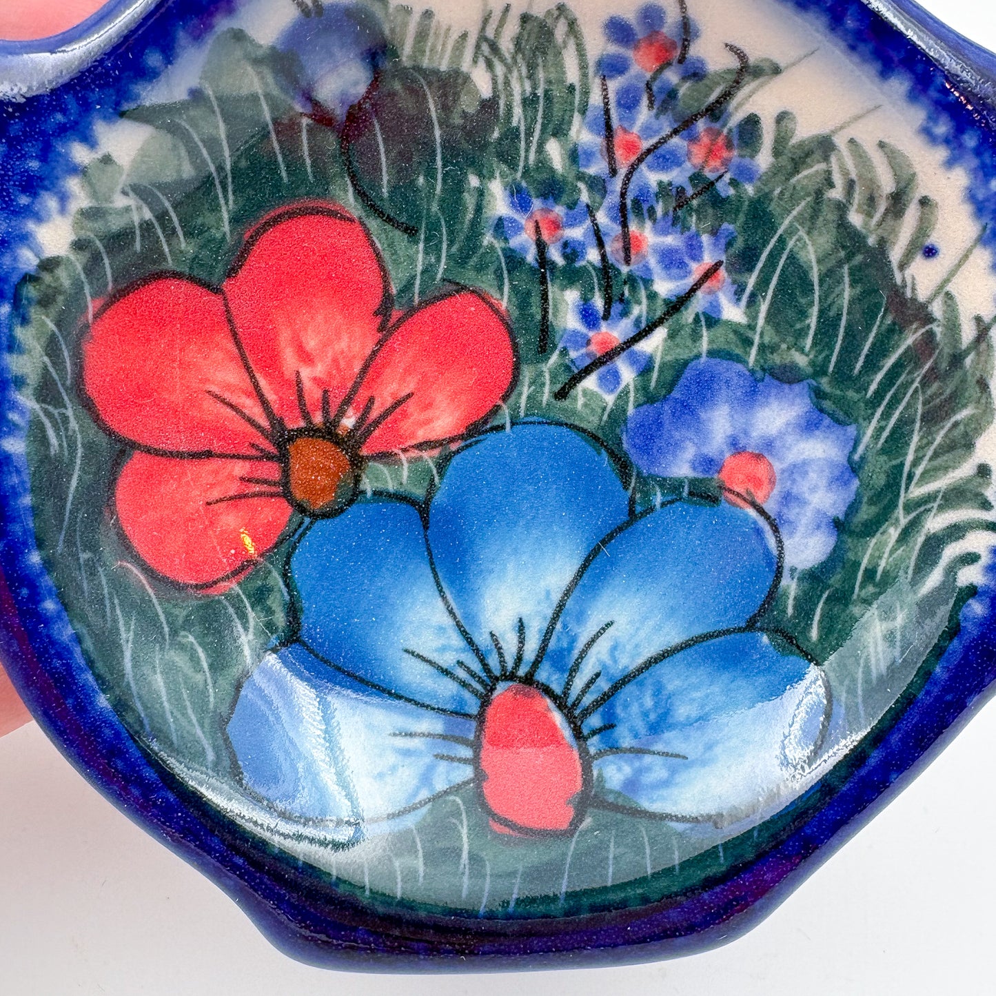 Teabag Holder.  Handmade Teapot Polish pottery.  UNIKAT Forget Me Not Pansy