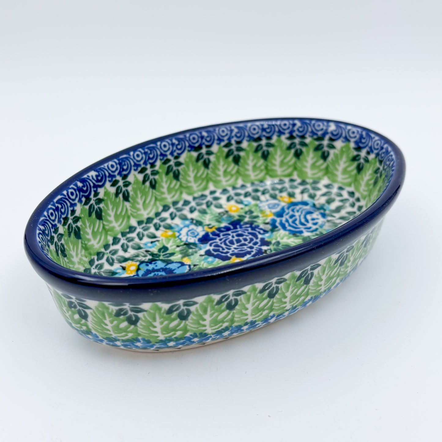 6” Oval Bowl.  Hand crafted Polish pottery stoneware:  UNIKAT Lime Bouquet Design