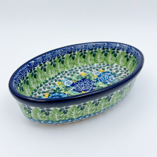 6” Oval Bowl.  Hand crafted Polish pottery stoneware:  UNIKAT Lime Bouquet Design