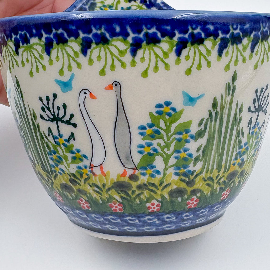 12 oz Bowl/Mug with Loop-Handle.  Hand crafted Polish pottery stoneware: UNIKAT Ducks on the Run