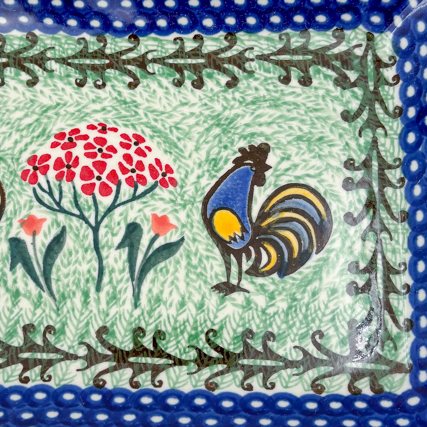 13" Platter  Hand crafted Polish pottery stoneware: UNIKAT Rooster Dance Design.