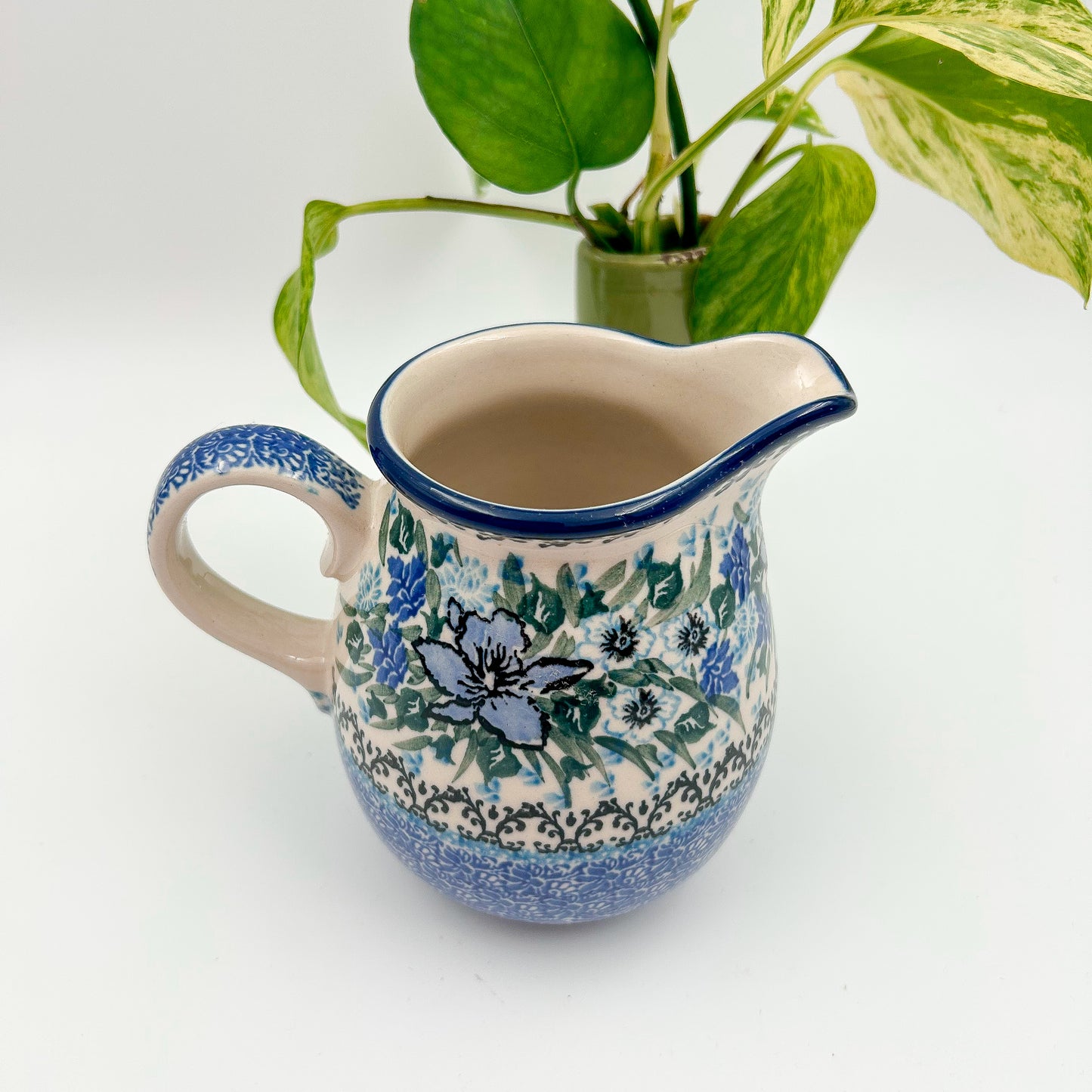 17 oz. Pitcher.  Hand painted Polish pottery stoneware.  UNIKAT Rhapsody in Blue