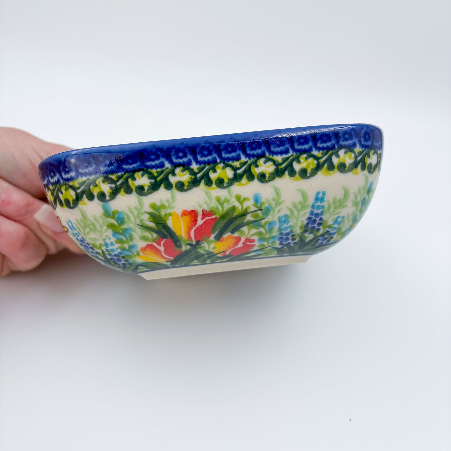 6” Square Bowl.  Hand crafted Polish pottery stoneware:   Unikat Tulips and Bees