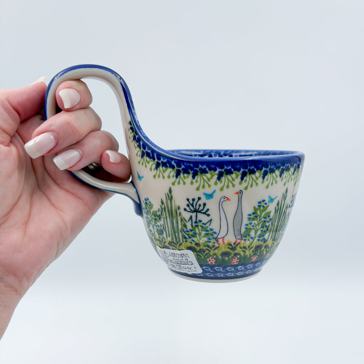 12 oz Bowl/Mug with Loop-Handle.  Hand crafted Polish pottery stoneware: UNIKAT Ducks on the Run