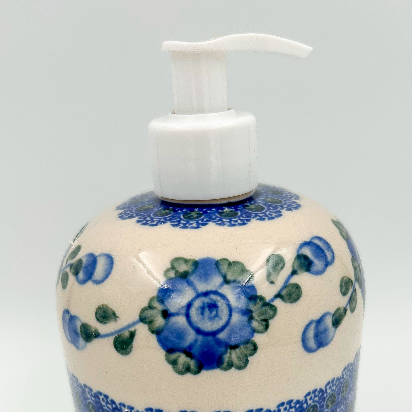 Soap Dispenser 7”.  Handmade Polish pottery.  Blue Poppies