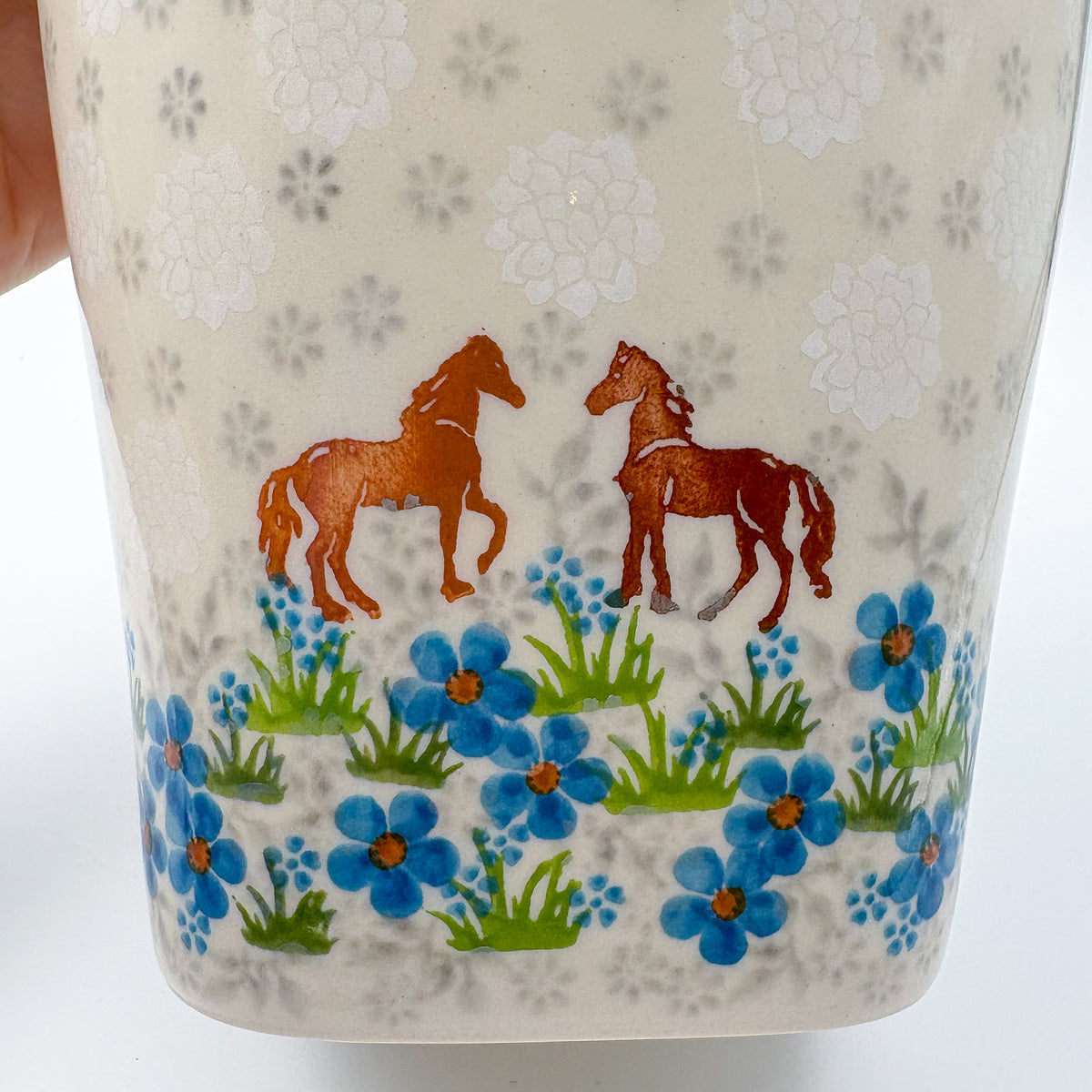 Basket Container & Utensil Med.  Handmade Polish pottery.  UNIKAT Blue Meadow Horse