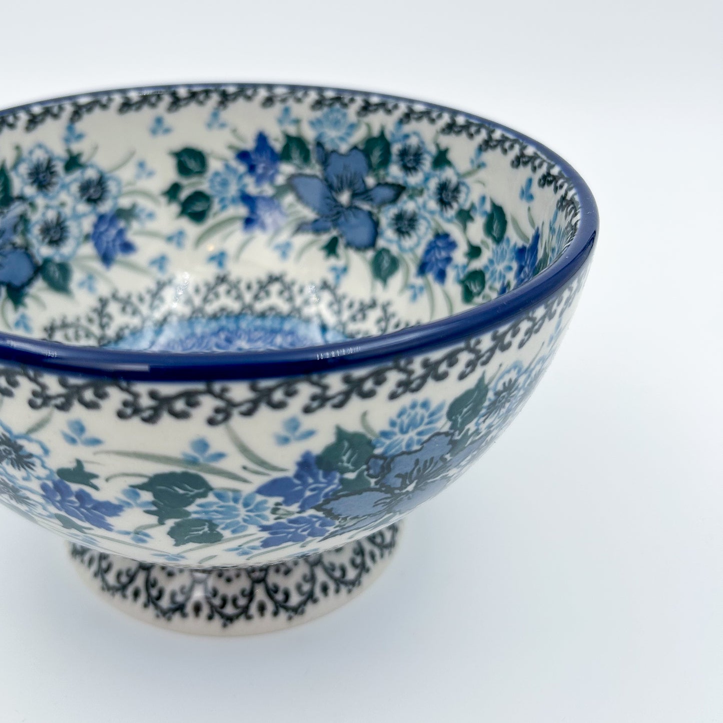 5” Pedestal Bowl.  Hand crafted Polish pottery stoneware: UNIKAT Rhapsody in Blue Design