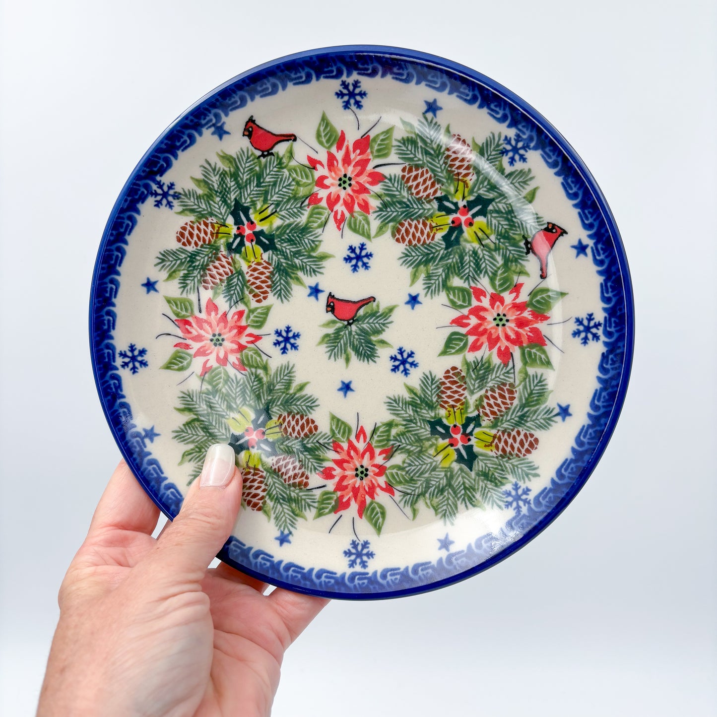 7.5” Plate.  Hand crafted Polish pottery stoneware: UNIKAT Christmas Cardinal