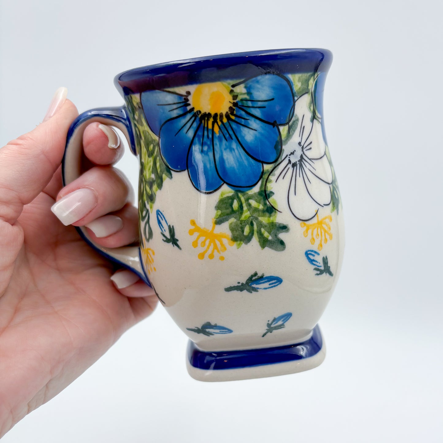 Tulip Mug 10oz. Handcrafted Polish pottery stoneware:  UNIKAT Blue Petal Dance
