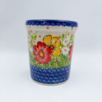 Utensil Jar 5.5”.  Handmade Polish pottery.  UNIKAT Yellow and Red Pansy Pattern