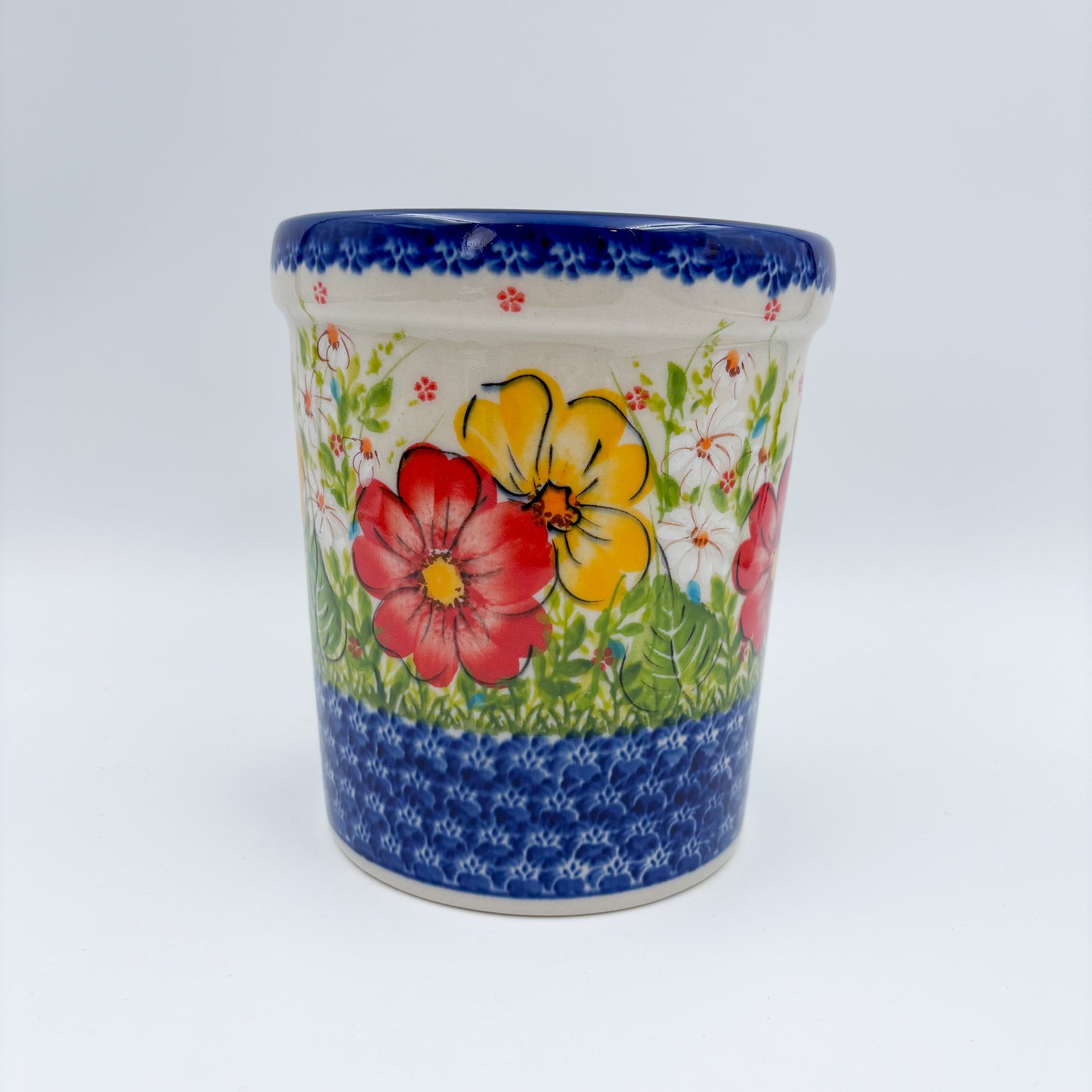 Utensil Jar 5.5”.  Handmade Polish pottery.  UNIKAT Yellow and Red Pansy Pattern