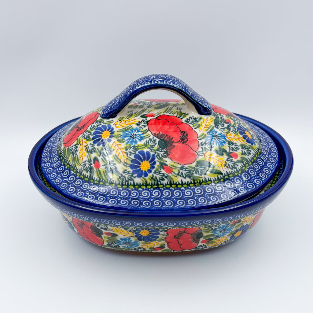 10” Baker Jacek with Lid Handmade in Poland.  UNIKAT Garden Poppy