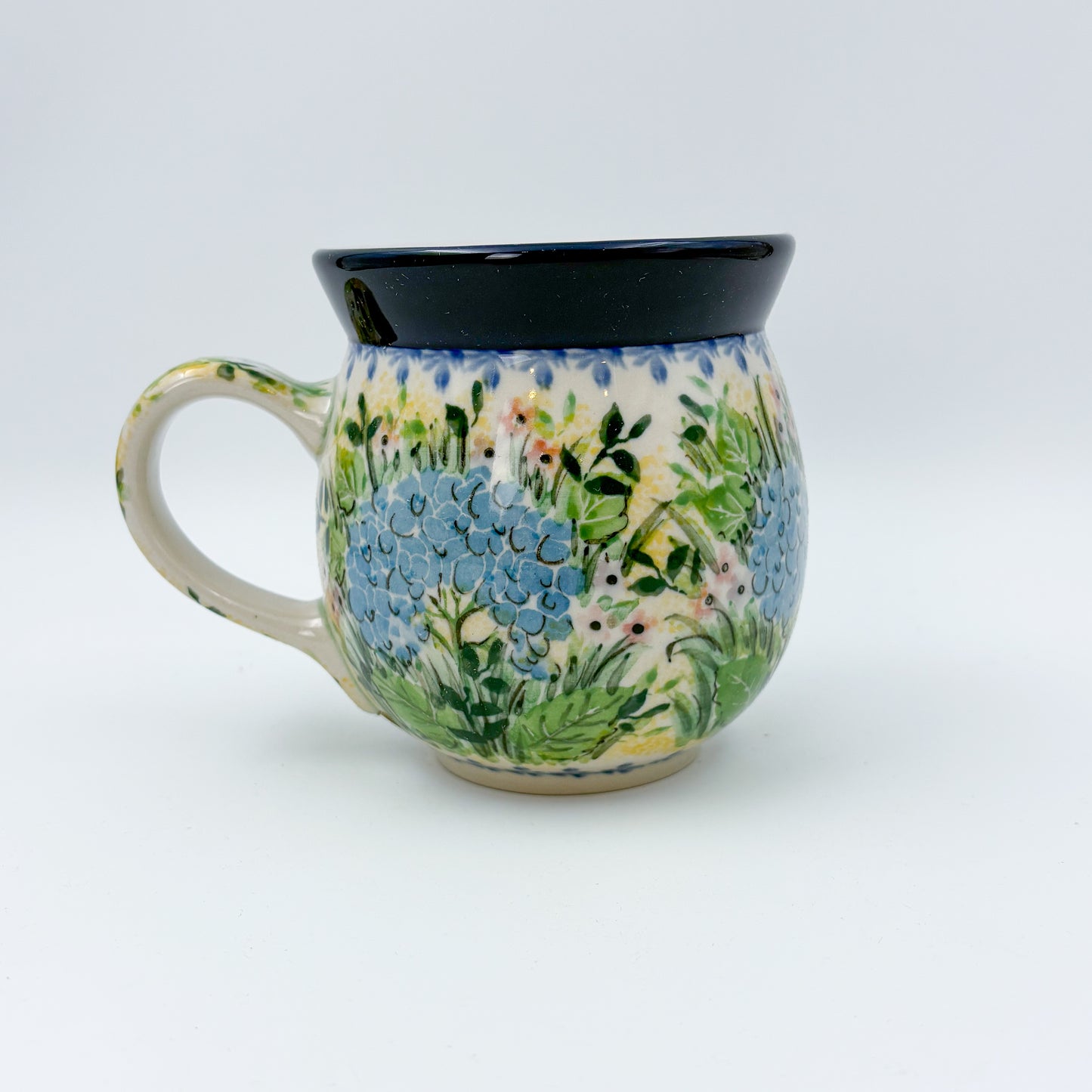 16 oz Bubble Mug. Handcrafted Polish pottery stoneware: UNIKAT Blue Hydrangea Design