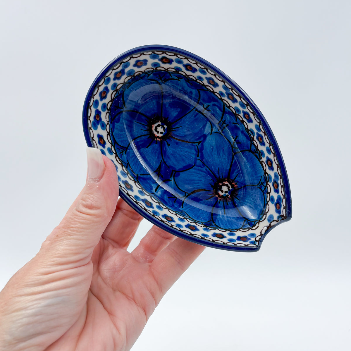Spoon Rest 5”. Handmade Polish pottery.  UNIKAT Cobalt Poppies Design