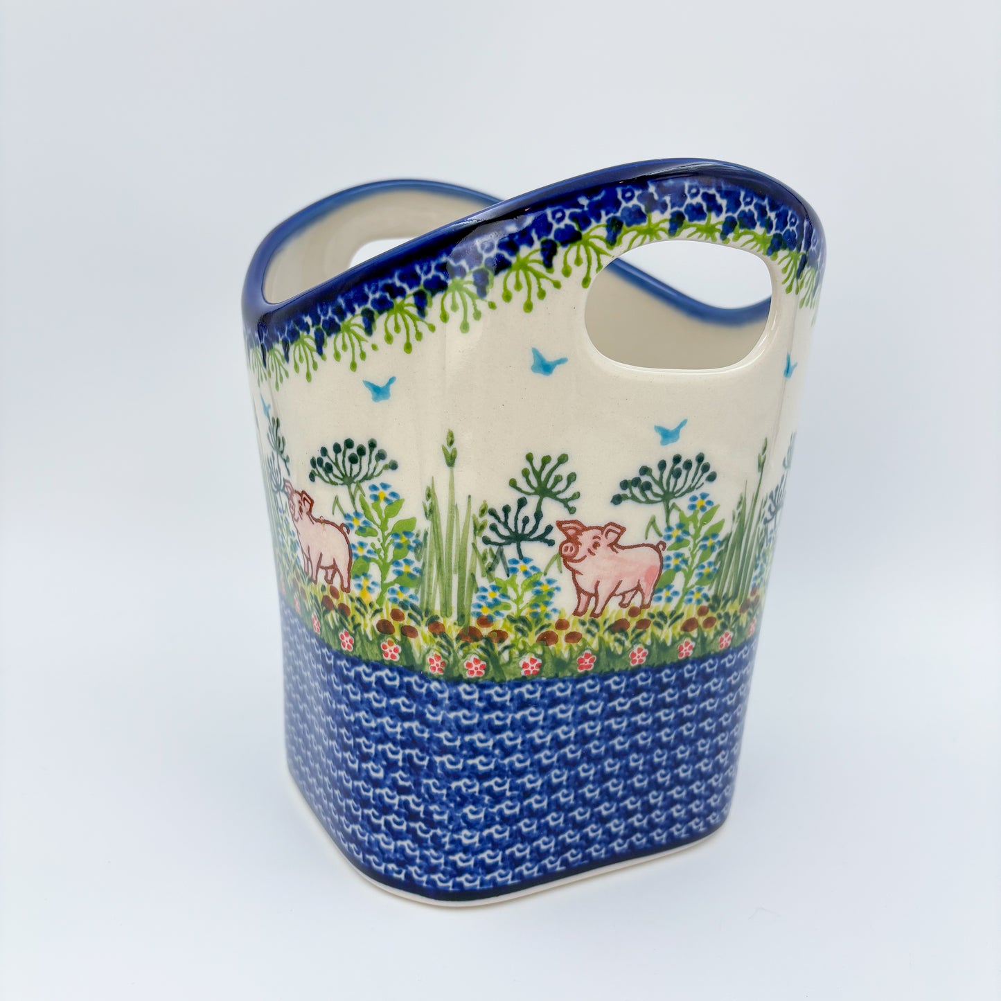 Basket Container & Utensil Med.  Handmade Polish pottery.  UNIKAT Piglet Pasture Design