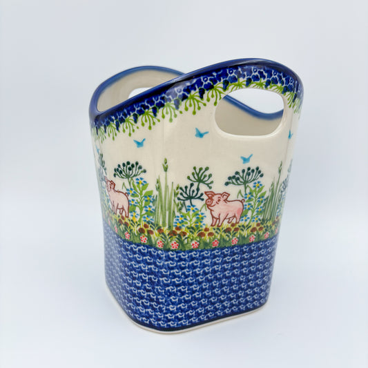 Basket Container & Utensil Med.  Handmade Polish pottery.  UNIKAT Piglet Pasture Design