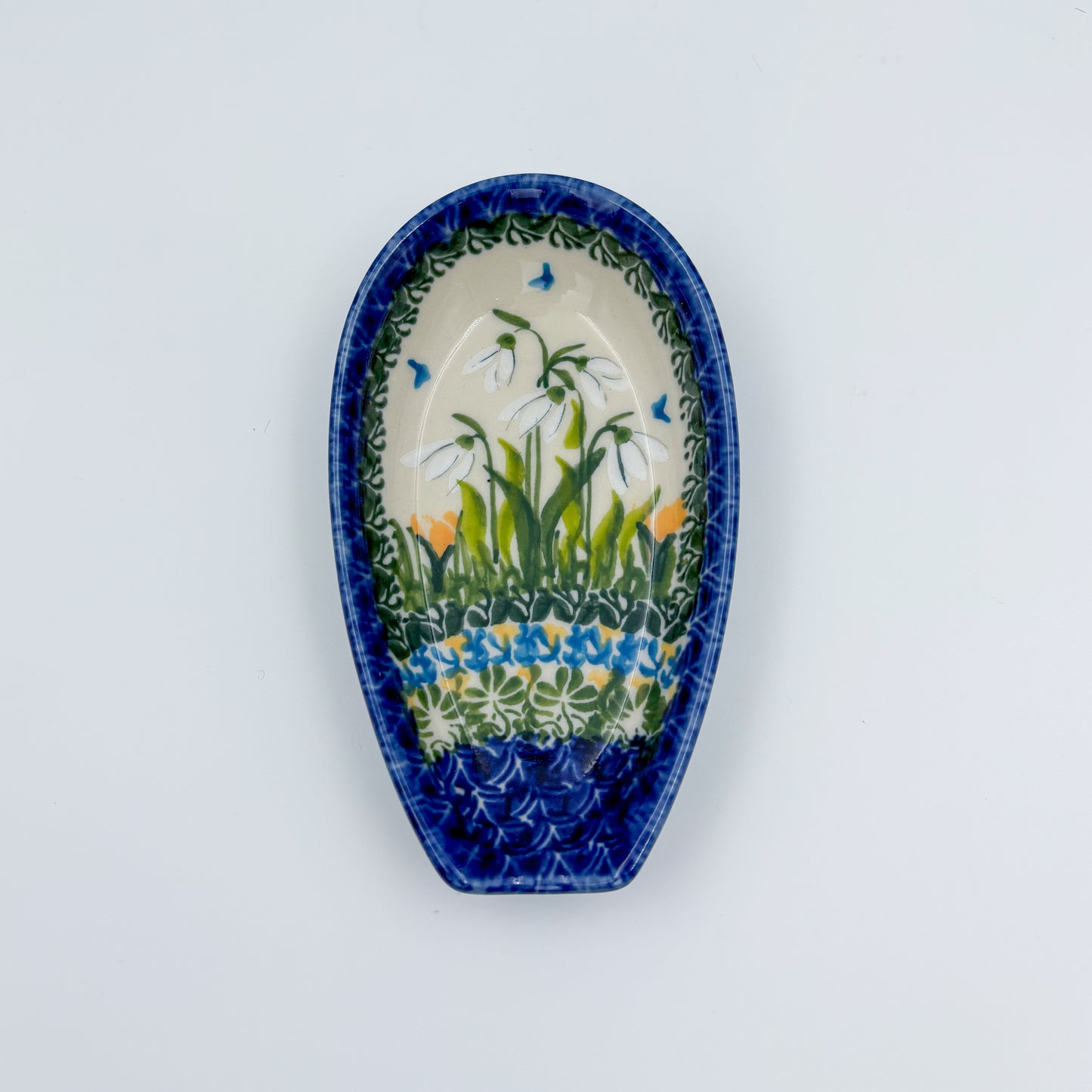 Spoon Rest 5”.  Handmade Polish pottery.  UNIKAT Snowdrop Garden Pattern
