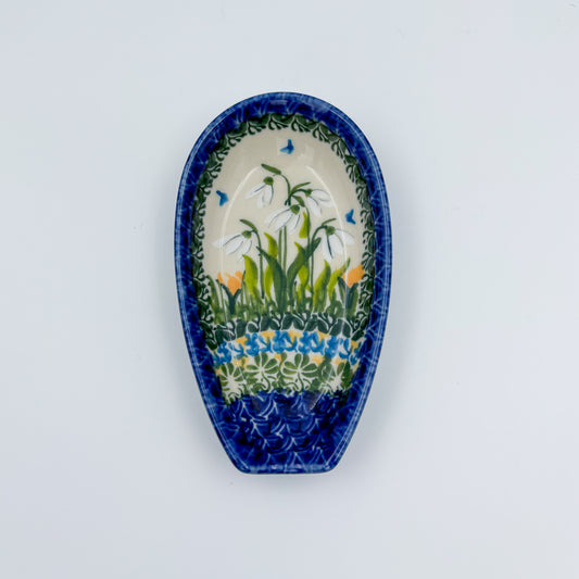 Spoon Rest 5”.  Handmade Polish pottery.  UNIKAT Snowdrop Garden Pattern