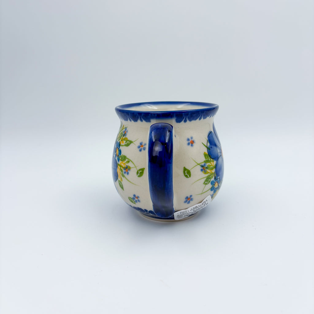 Blue Pansy bubble mug, front view with handle facing forward