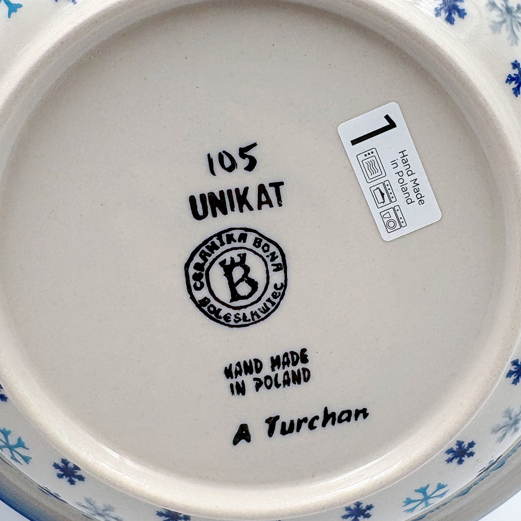 9”  Deep Bowl.  Hand crafted Polish pottery stoneware: UNIKAT Dancing Snowman Design