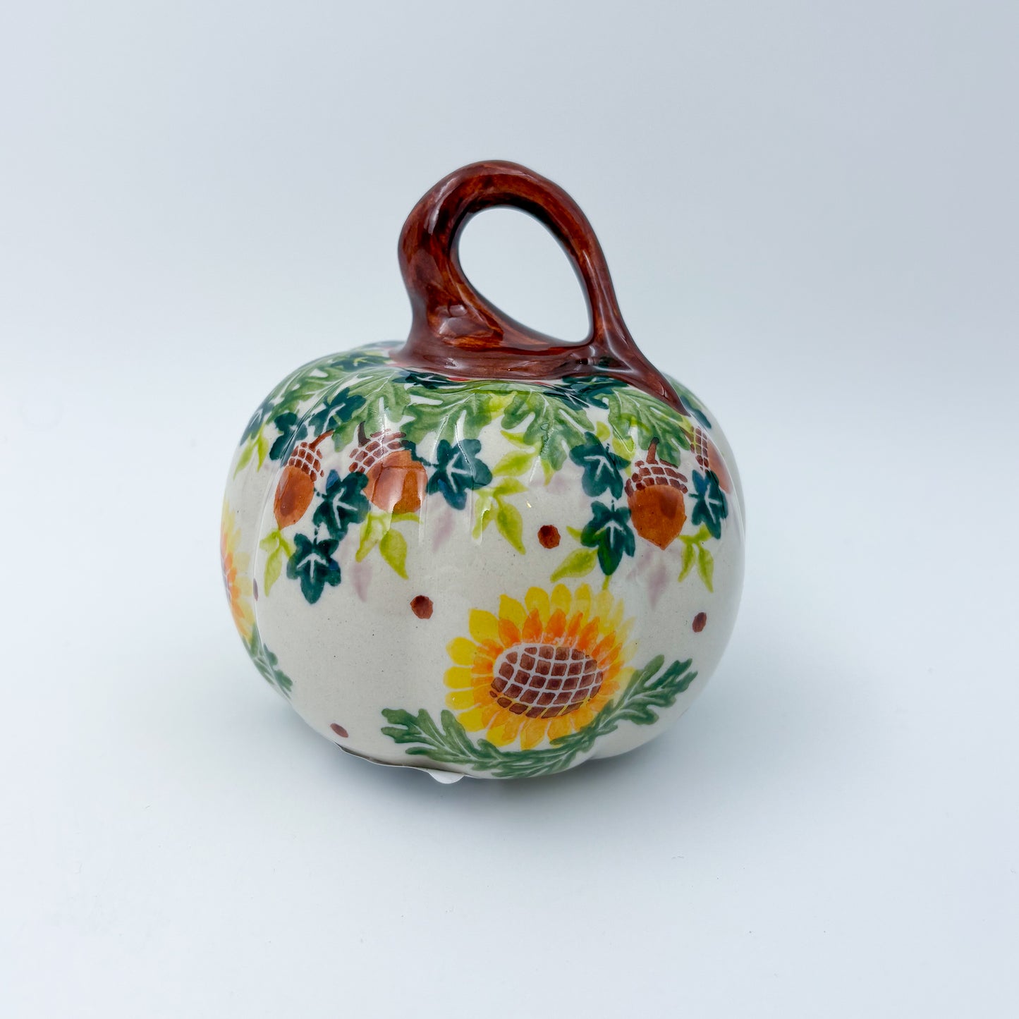 Pumpkin Mini 3.5"  Hand crafted Polish pottery stoneware: UNIKAT Sunflower and Acorn
