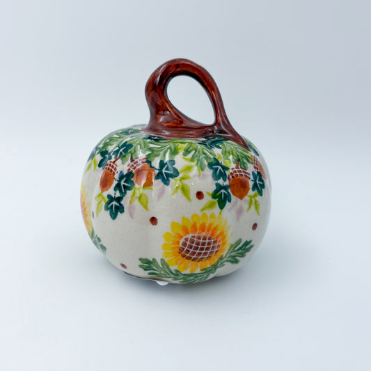 Pumpkin Mini 3.5"  Hand crafted Polish pottery stoneware: UNIKAT Sunflower and Acorn