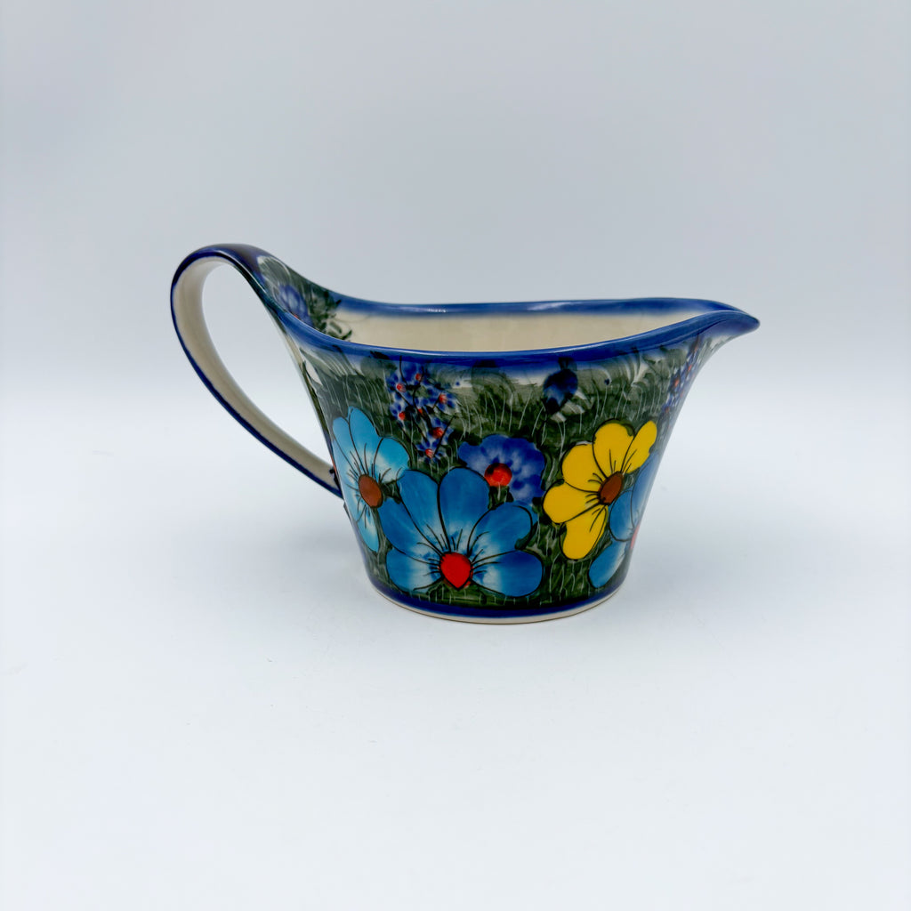 12 oz Loop Handle Gravy Boat.  Hand painted Polish pottery stoneware.  UNIKAT Forget Me Not Pansy