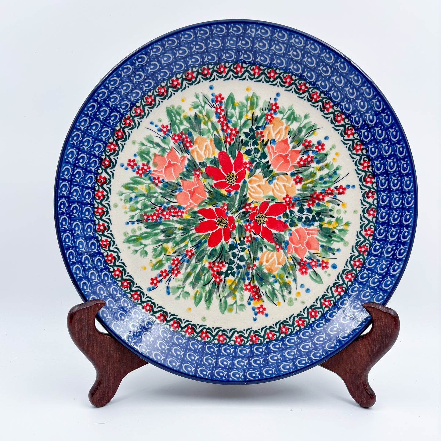 10.5” Plate.  Hand crafted Polish pottery stoneware: UNIKAT Red and Yellow Flowers Design