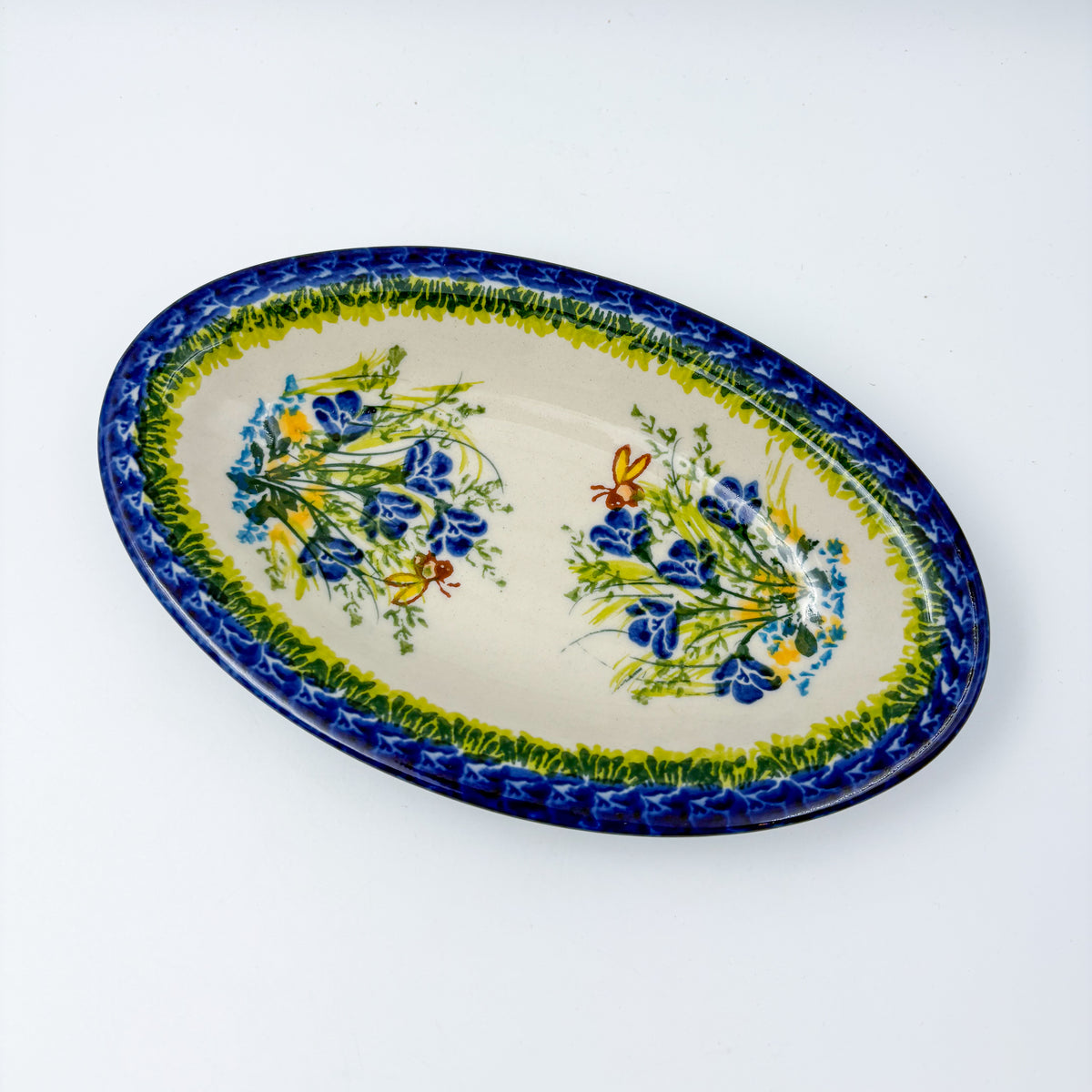 7" Oval Milano Platter  Hand crafted Polish pottery stoneware: UNIKAT Bluebell Meadow Design
