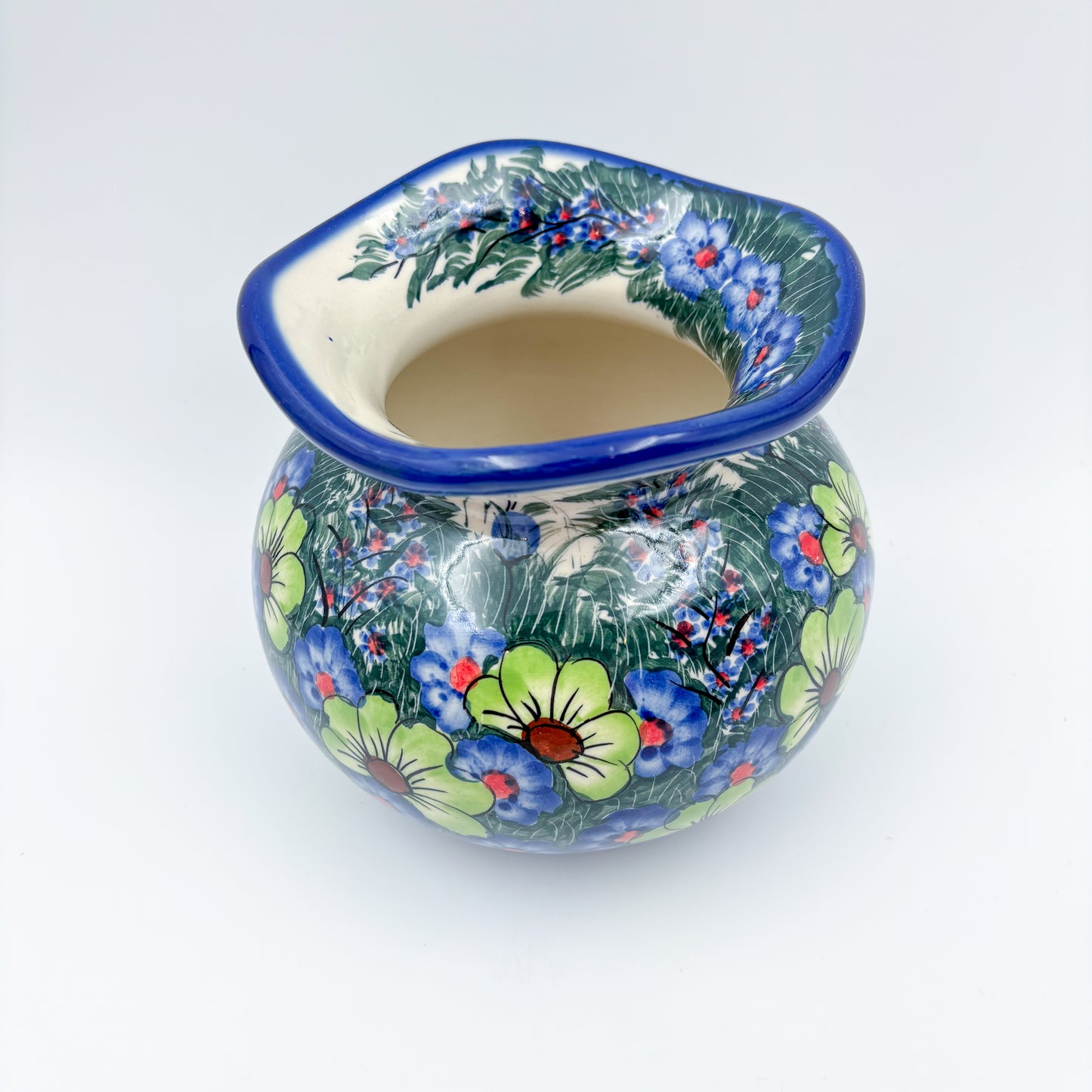 Kula Vase 5.5”.  Handmade Polish pottery.  UNIKAT Forget Me Not Pansy