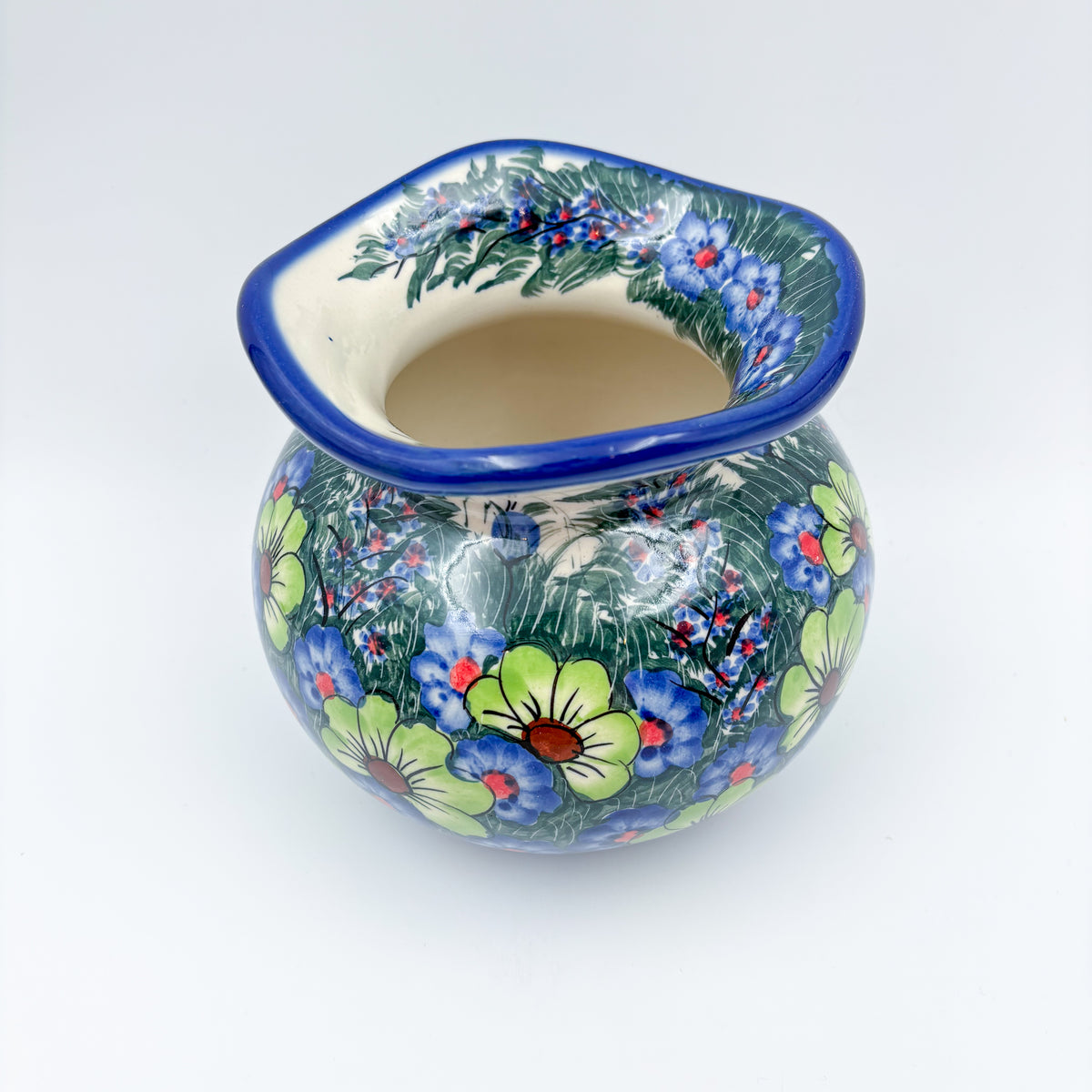 Kula Vase 5.5”.  Handmade Polish pottery.  UNIKAT Forget Me Not Pansy
