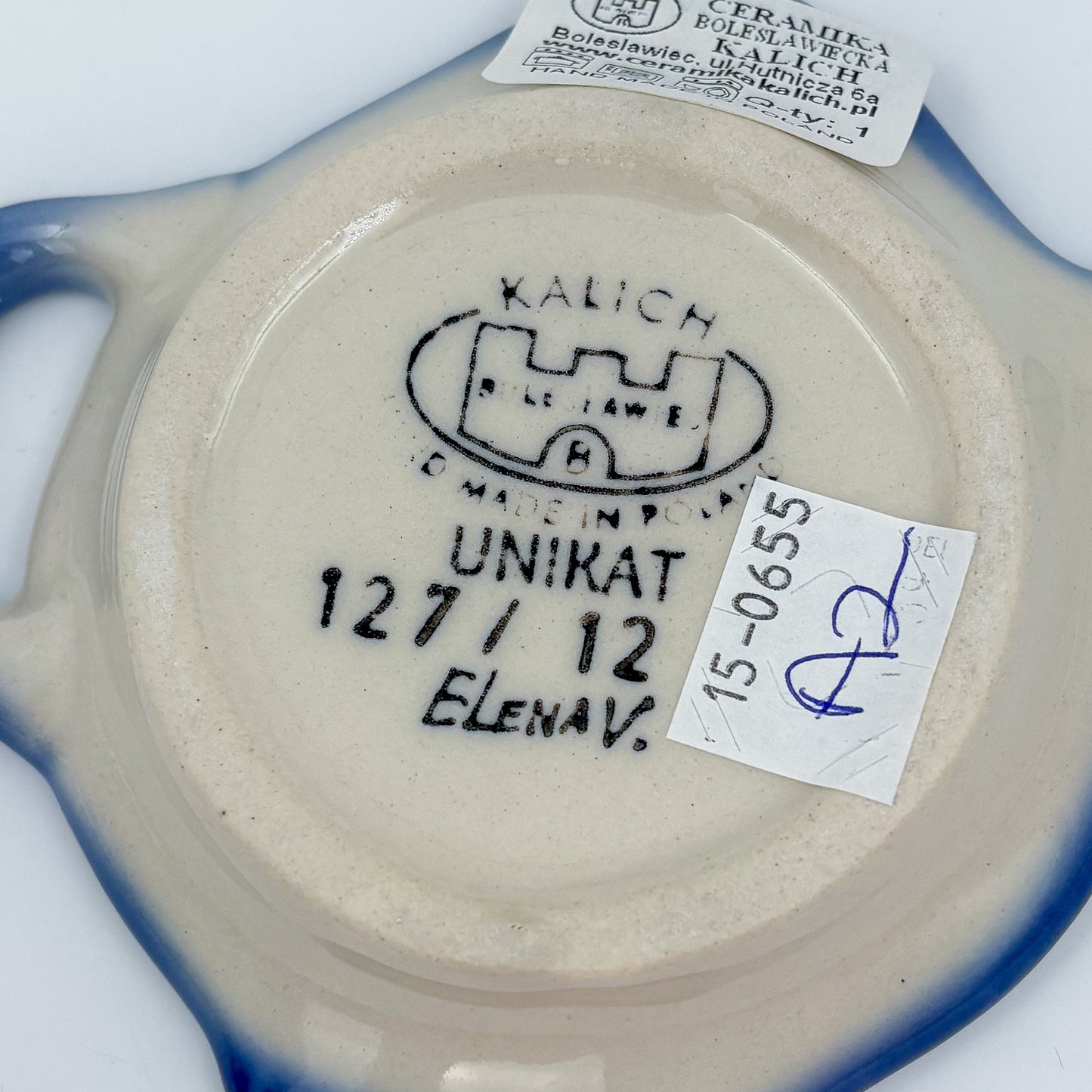 Teabag Rest Holder.  Handmade Polish pottery.  UNIKAT Forget Me Not Pansy