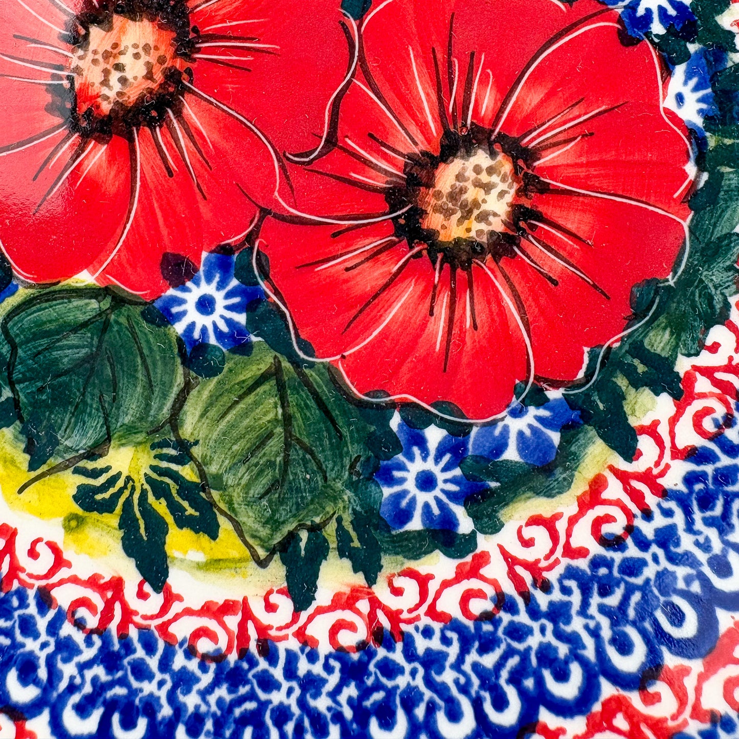 7.5” Plate.  Hand crafted Polish pottery stoneware: UNIKAT Red Finesy Design