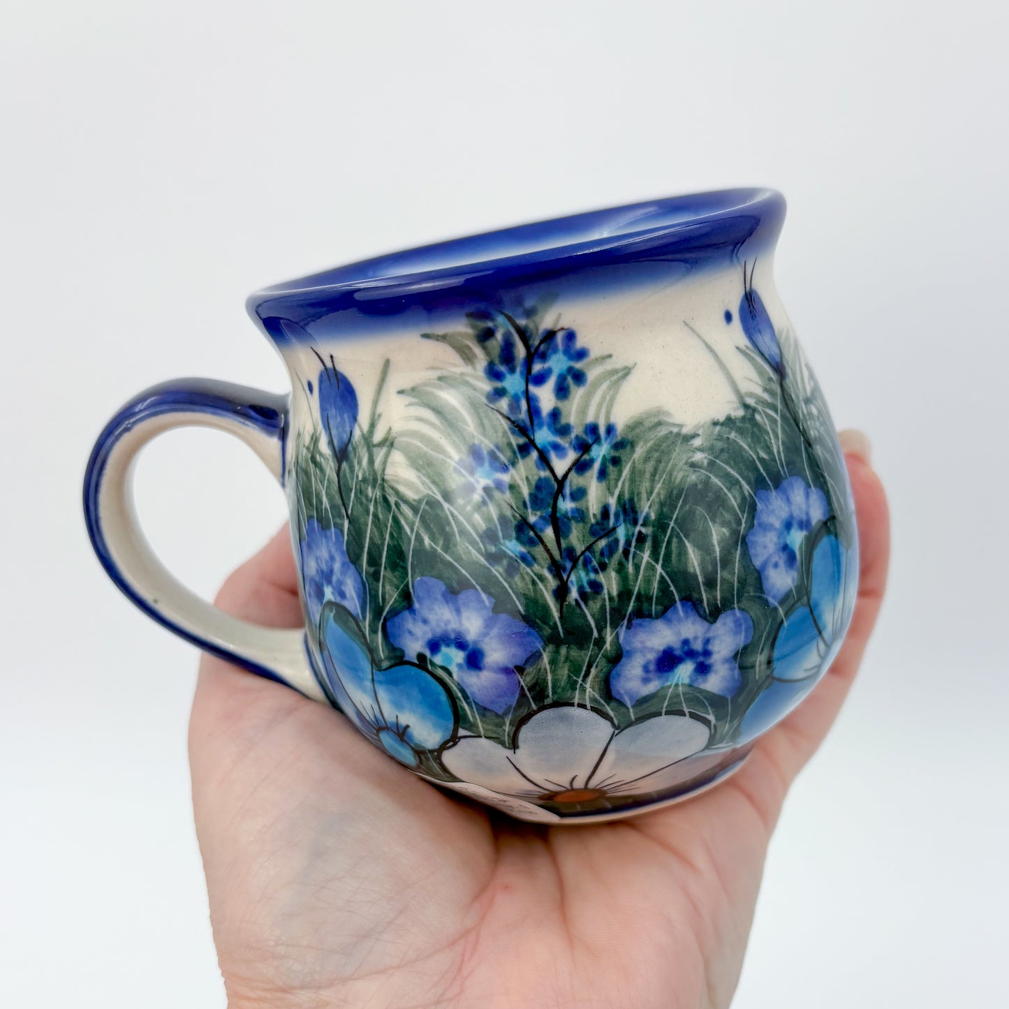8 oz Bubble Mug. Handcrafted Polish pottery stoneware:  UNIKAT Forget Me Not Pansy
