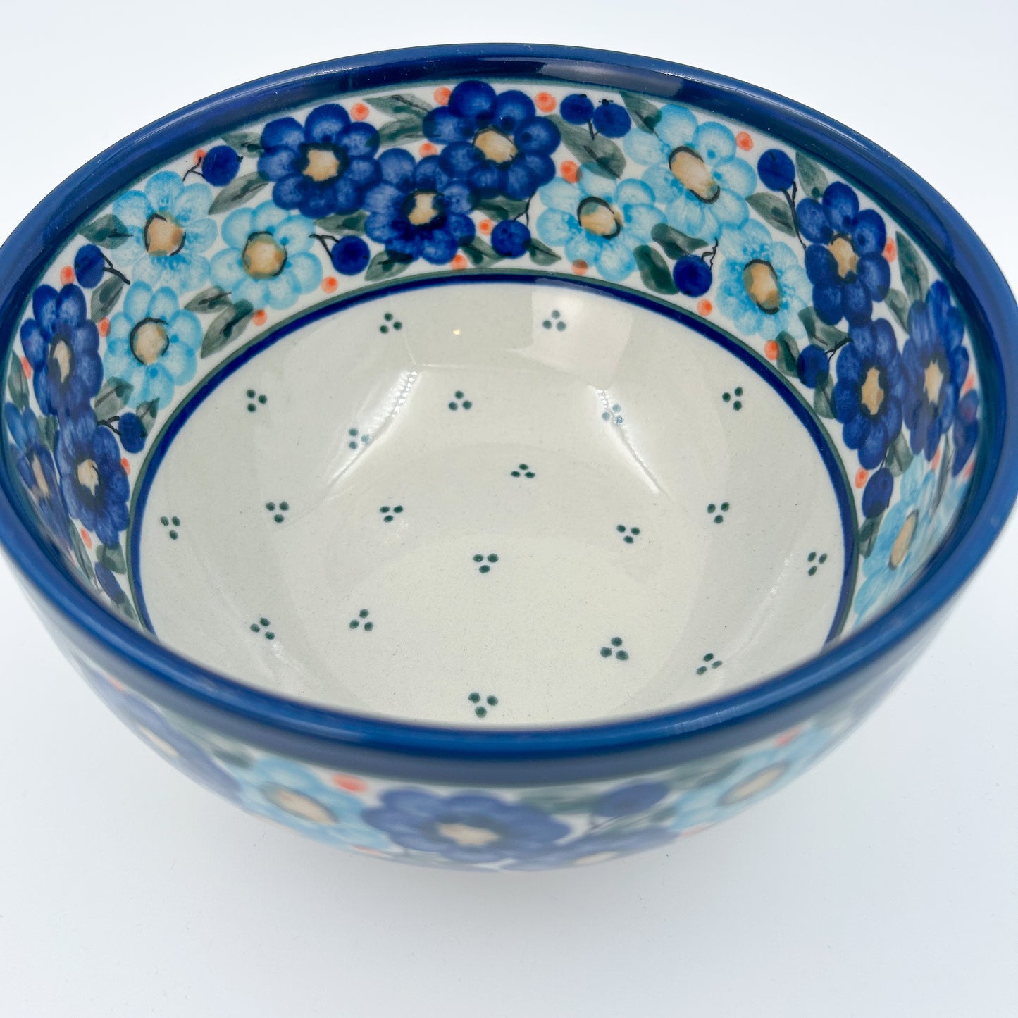 6.25” Deep Bowl.  Hand crafted Polish pottery stoneware:  Garden Party Blues
