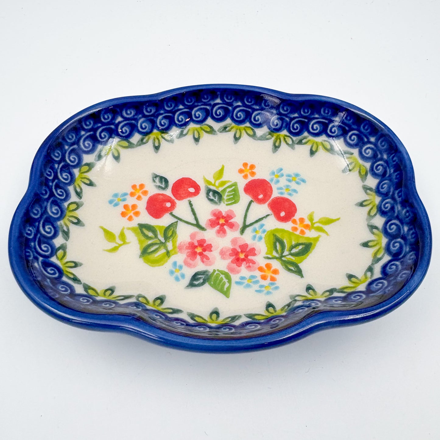 5" Soap Dish.  Handmade Polish pottery.  UIKAT Cherry Blossom Pattern