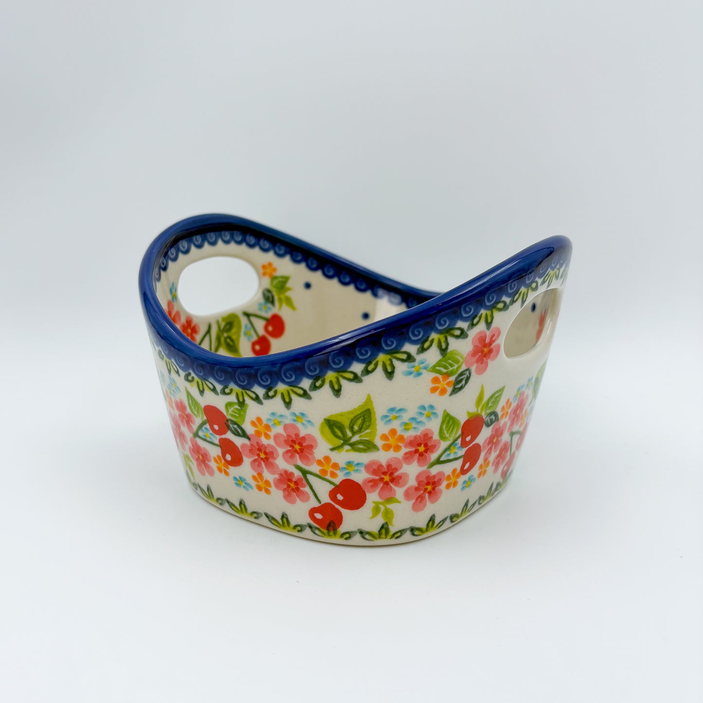 Basket Container Small.  Handmade Polish pottery.  UNIKAT Cherry Blossom Design
