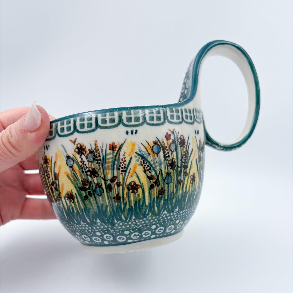 16 oz Bowl/Mug with Loop-Handle.  Hand crafted Polish pottery stoneware: UNIKAT Fall Reeds