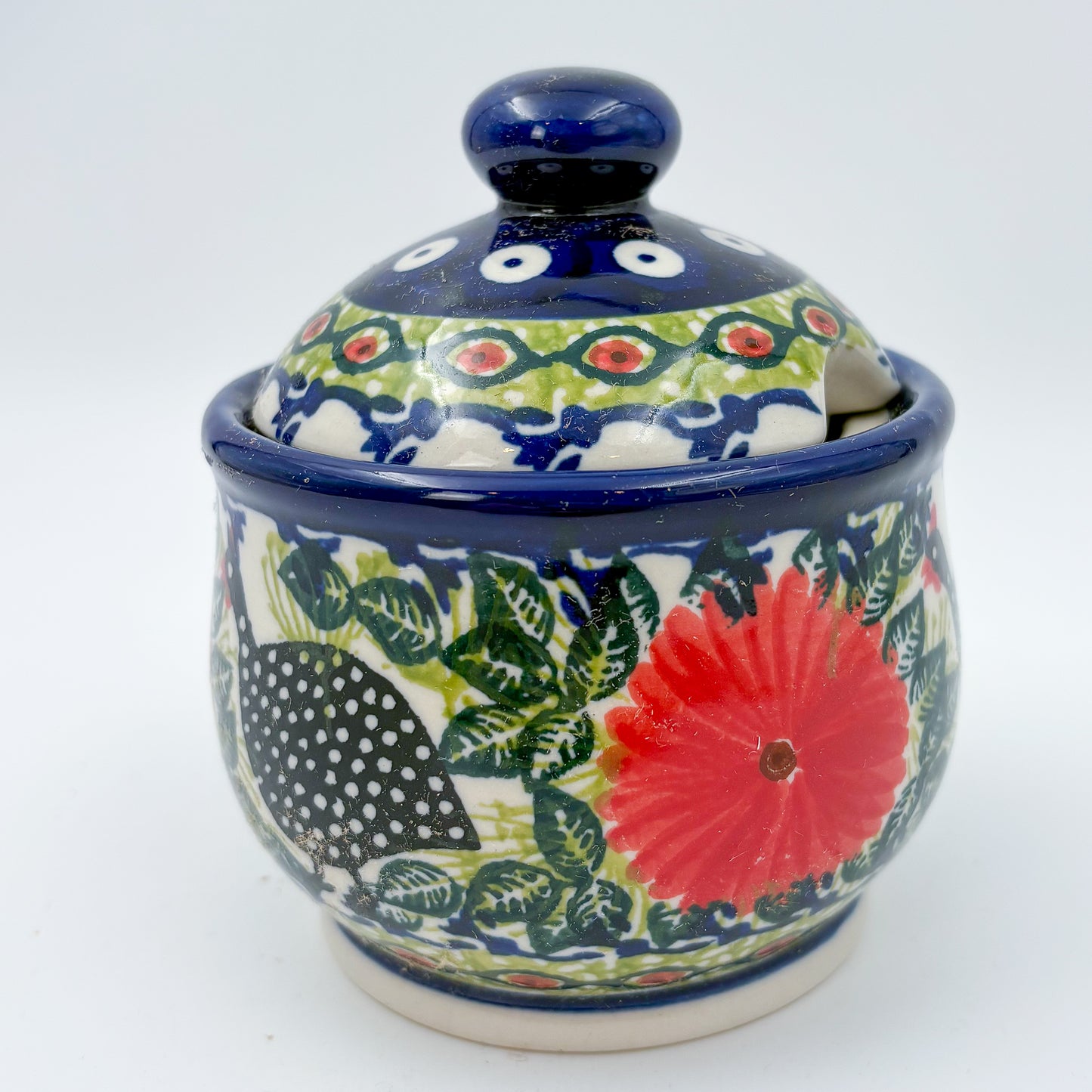 5oz. Sugar Bowl.  UNIKAT Chickens in the Florals Design