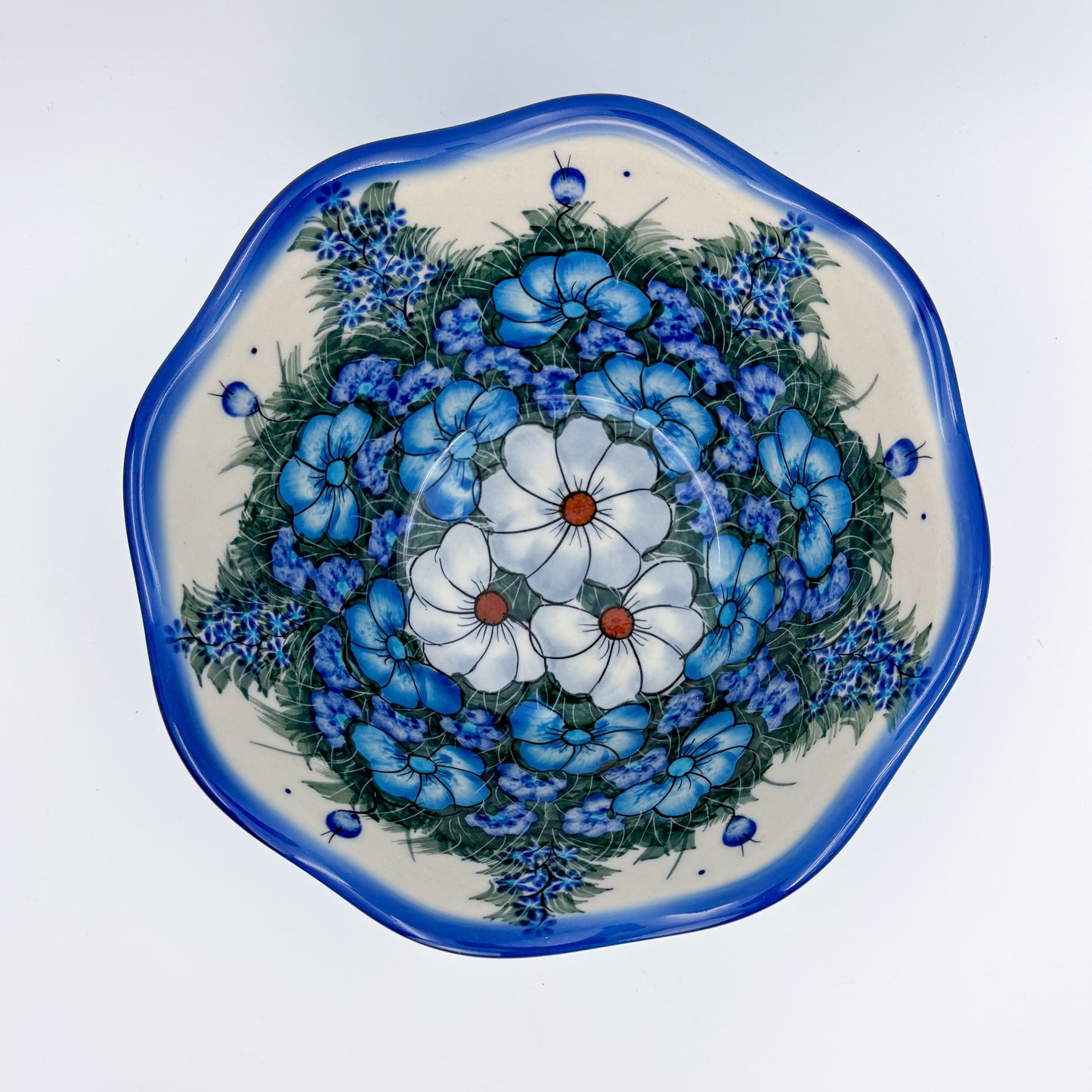7" Wavy Bowl  Hand crafted Polish pottery stoneware: UNIKAT Forget Me not Pansy
