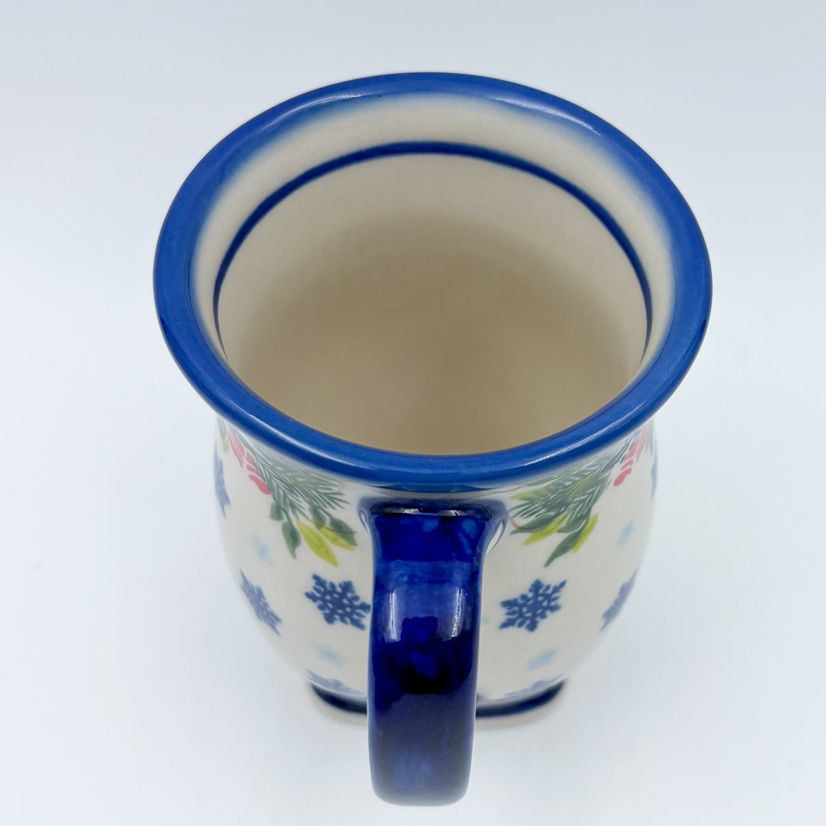 Tulip Mug 10oz. Handcrafted Polish pottery stoneware:  UNIKAT Snowflakes and Holly