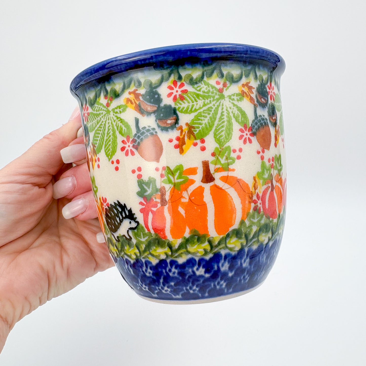 14 oz Viking Mug. Handcrafted Polish pottery stoneware:  UNIKAT Hedgehog and Pumpkins