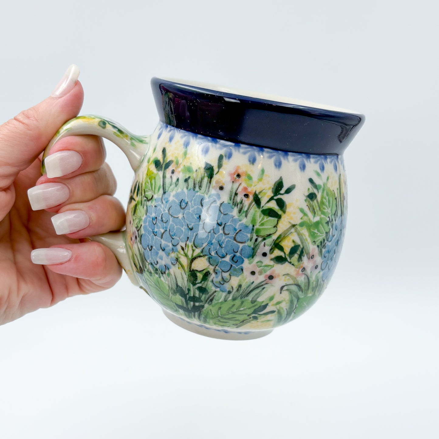 16 oz Bubble Mug. Handcrafted Polish pottery stoneware: UNIKAT Blue Hydrangea Design