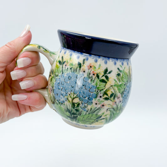 16 oz Bubble Mug. Handcrafted Polish pottery stoneware: UNIKAT Blue Hydrangea Design
