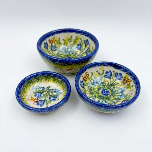 Small Set 3 stacking Bowls.  Hand crafted Polish pottery stoneware:  UNIKAT Bluebell Meadow
