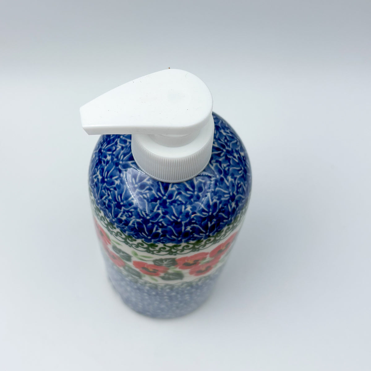 Soap Dispenser 7"  Handmade Polish pottery.  UNIKAT  Delicate Red Flowers Design