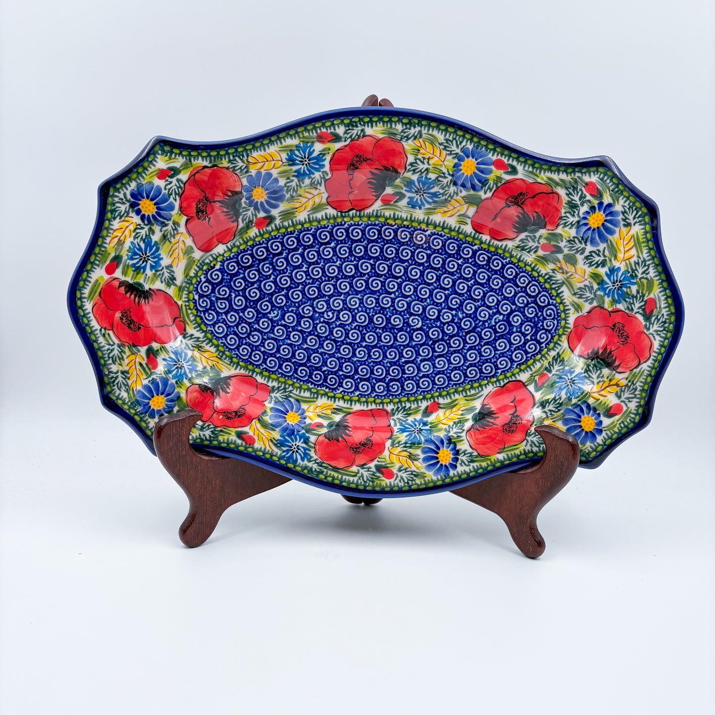 13" Cezar Platter.  Hand crafted Polish pottery stoneware: UNIKAT Poppy Garden Design.