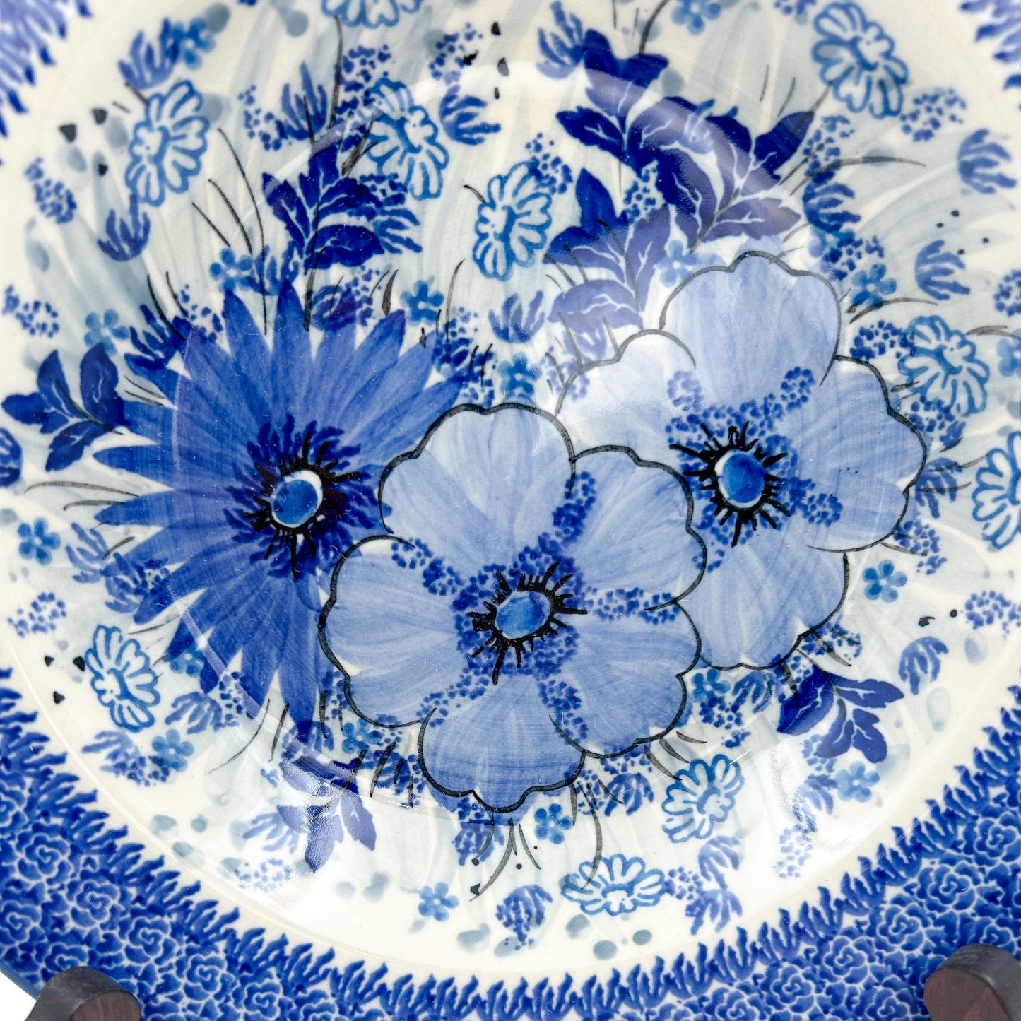 9” Pasta  Bowl.  Hand crafted Polish pottery stoneware: UNIKAT Blue Wildflower Patch