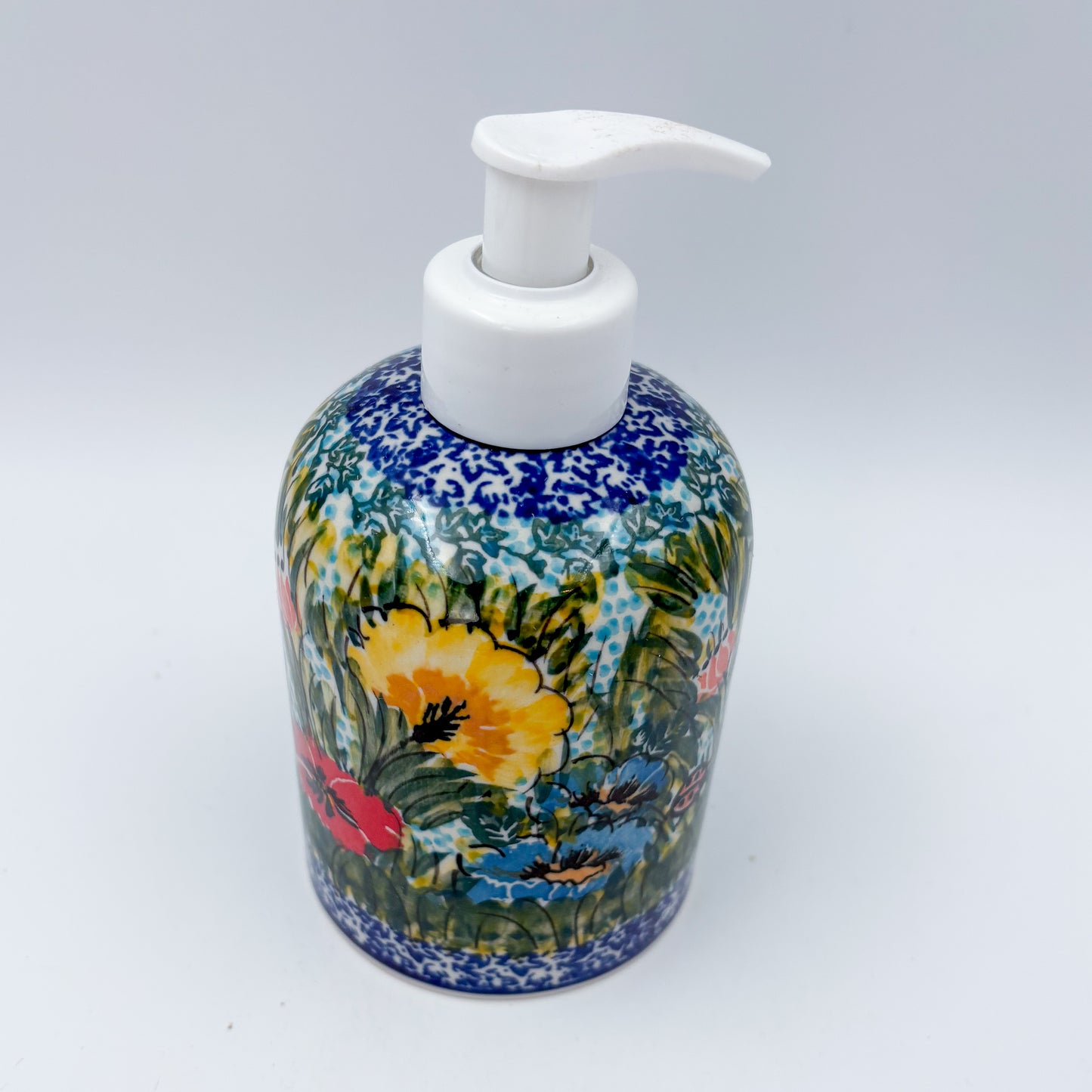 5" Soap Dispenser 10 oz.  Handmade Polish pottery.  UNIKAT Lucky Ladybug Design