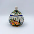 UNIKAT Wild Fern Bouquet round sugar bowl with lid, front view showing colorful wildflower and fern pattern